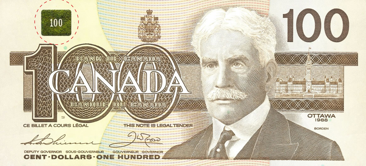 LumaChrome patch on Birds of Canada 100 note