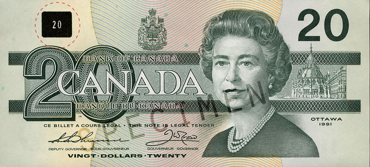 LumaChrome patch on Birds of Canada 20 note